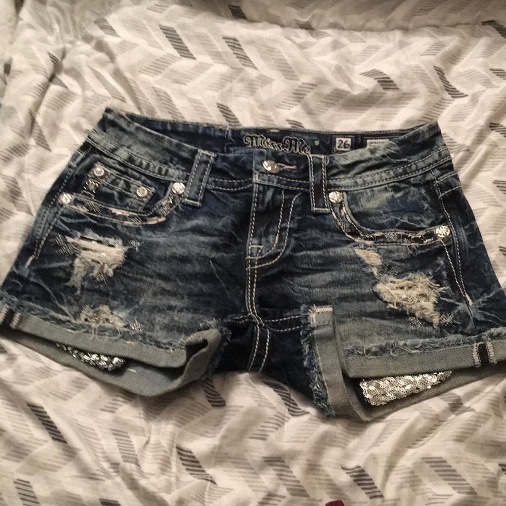 Miss Me distressed blinged out sequined pockets women’s blue Jean denim shorts